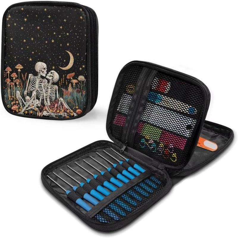 Xsehusvy Skeleton Crochet Hooks Case Portable Zipper Bags Lightweight Travel Storage Bag Organizer with Web Pocket and Elastic Slots for Knitting Needles Good Gifts for Sewing Fans - Image 5